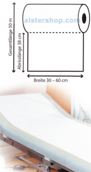 Liegen-Abdeckrolle 2-lagig,  weiß, (30 cm x 50 m , PE & Zellstoff = z.Zt. nicht lieferbar =)