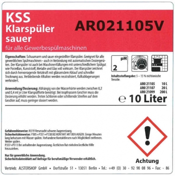 KSS Klarspüler Sauer, Gewerbespülmaschine (Klarspüler für für Gewerbliche GSM)